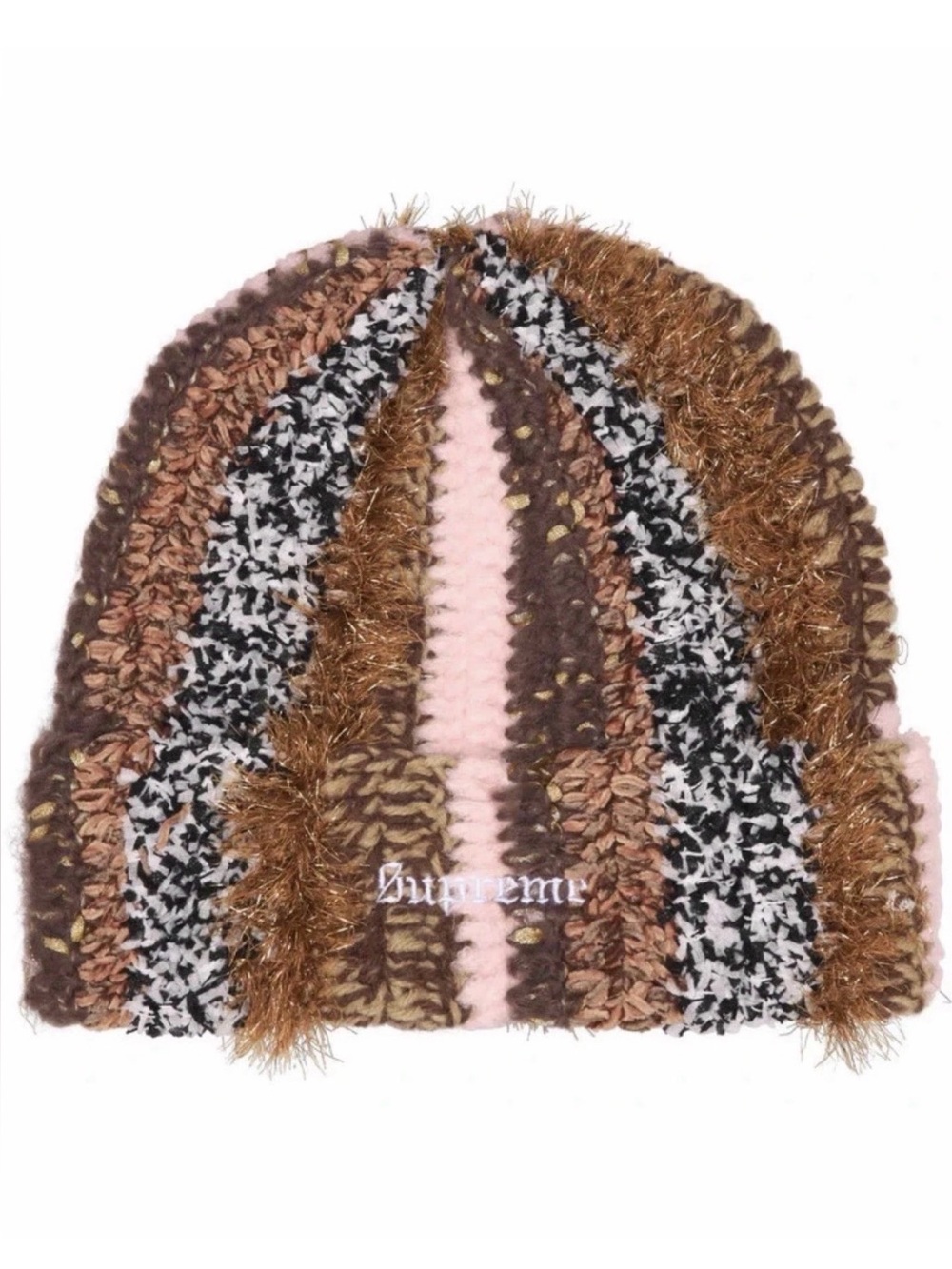 Supreme Pink, Brown & Black Striped Fuzzy Knit Beanie